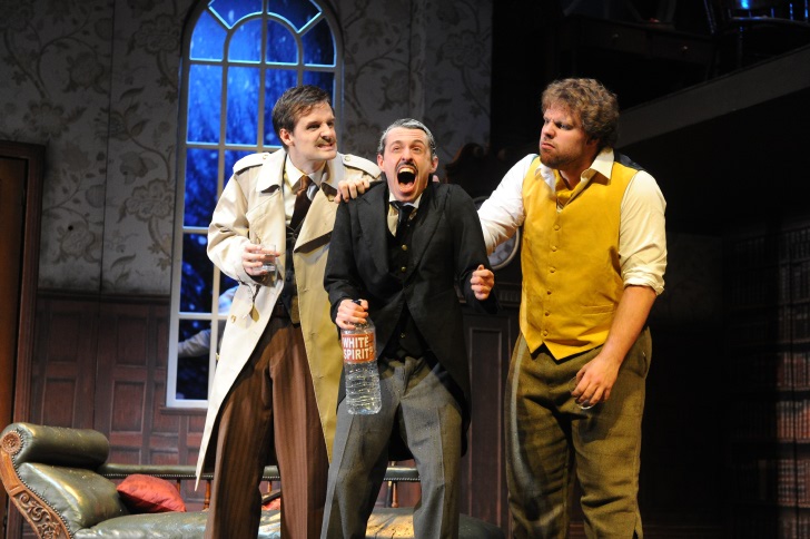 Inspector Carter (Henry Shields), Perkins (Jonathan Sayer) and Thomas Colleymoore (Henry Lewis), the writers of The Play That Goes Wrong